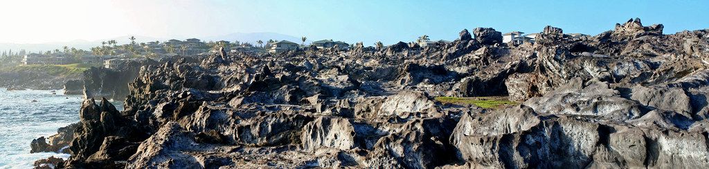Panorama of lava rocks near Oneloa (Makena) Beach, Kapalua, Maui