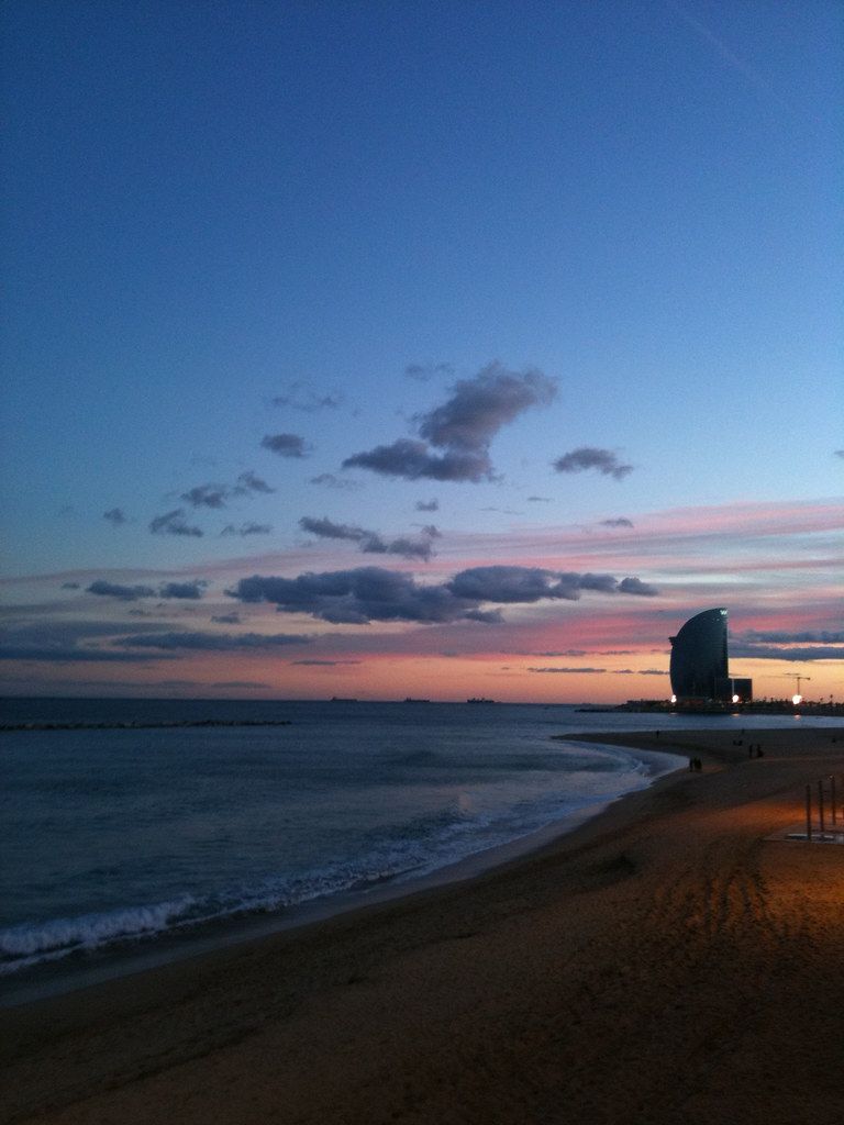 W Hotel and the Beach in Barcelona at Sunset