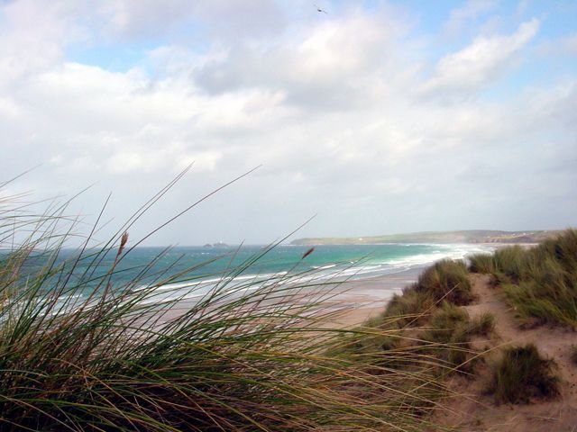Dunes & beach at Phillack Towans, Godrevy Point and Island in the distance
