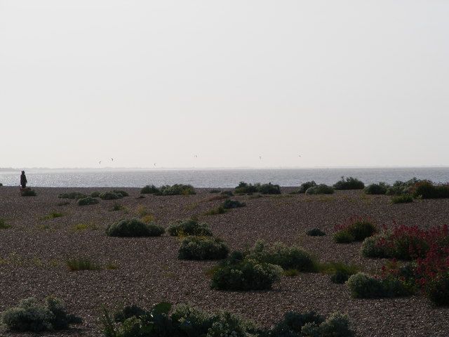View across Eastney Beach to kite surfers off Hayling Island