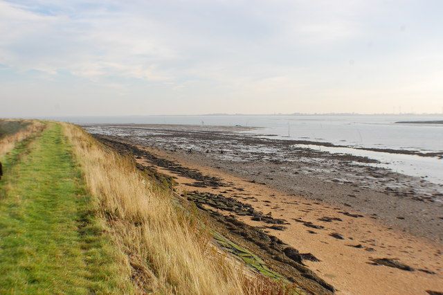 Sea wall and estuary shore by Old Hall Marshes