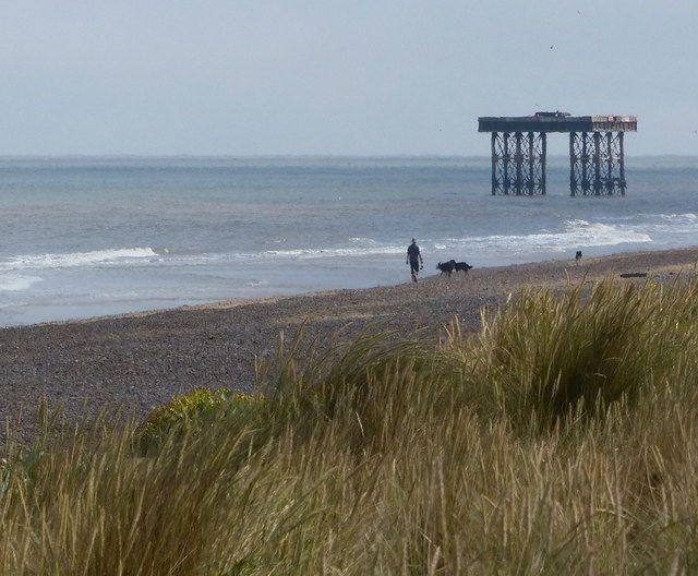 Dog walker on the beach at Sizewell