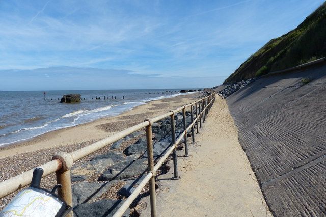 Sea defences and beach at Corton