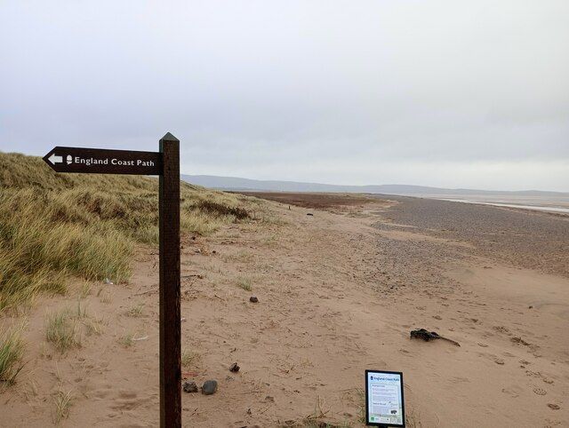 New England coastal path fingerpost on Haverigg dunes