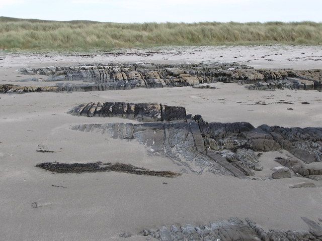 Exposed glacially smoothed rocks on Killard Strand
