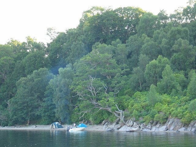 Inchmurrin Island shoreline and campers.