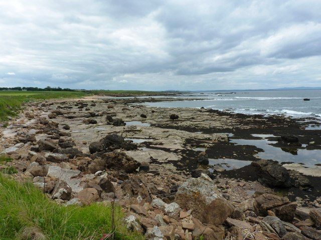 Rocky foreshore and storm boulders at Babbet Ness