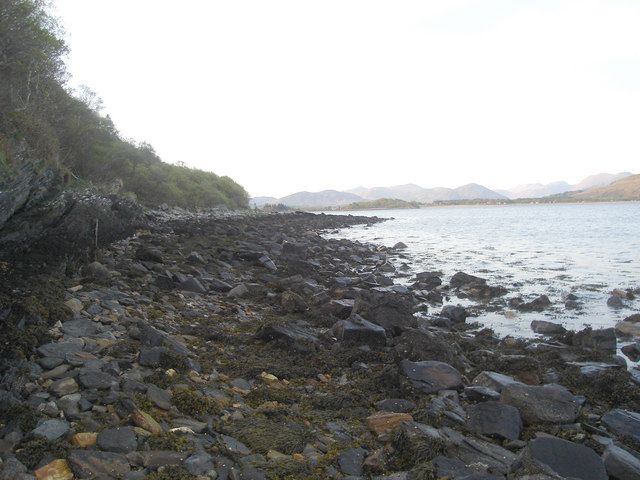 Looking northeast along the rocky western shore of Ardmucknish Bay