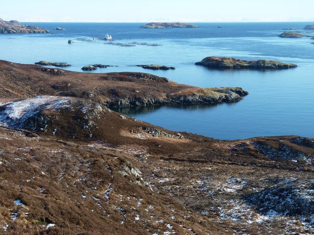 Shoreline with fish farm activity in the background